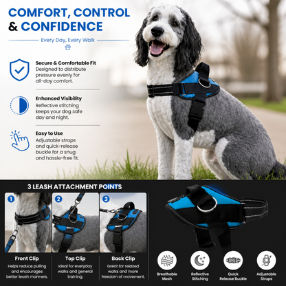 Reflective Adjustable Dog Harness with 3 Leash Clips – Padded for Walking & Training