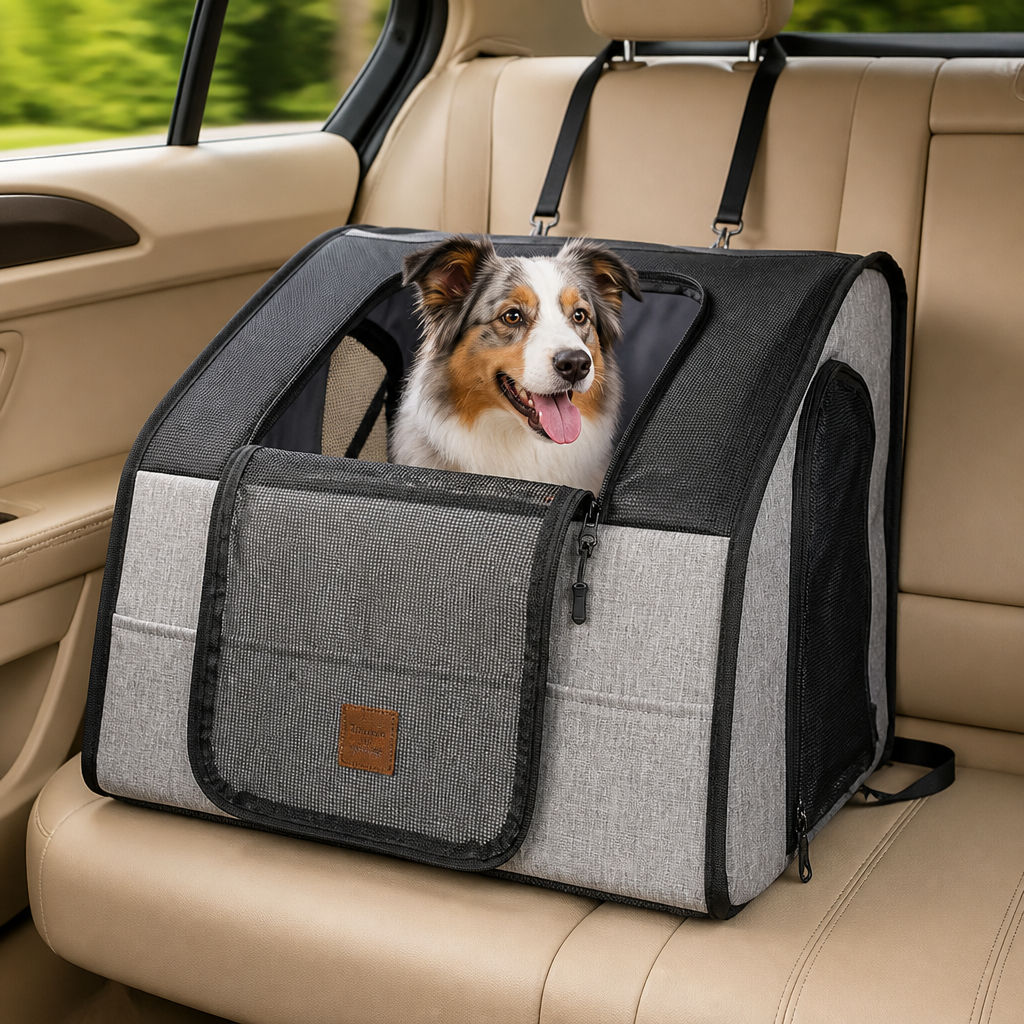 Safe Car Dog Seat – Foldable Carrier Bag with Mesh Windows and Safety Belt System