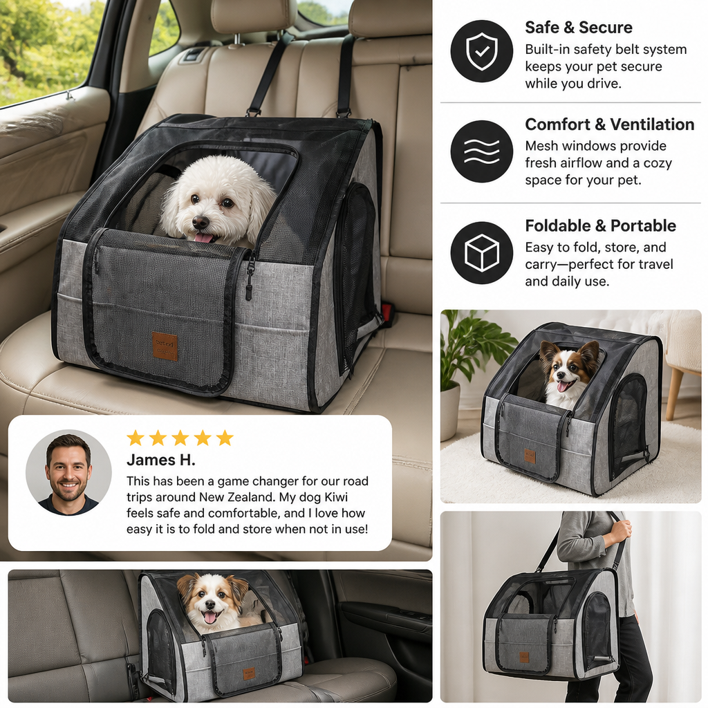 Safe Car Dog Seat – Foldable Carrier Bag with Mesh Windows and Safety Belt System