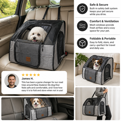 Safe Car Dog Seat – Foldable Carrier Bag with Mesh Windows and Safety Belt System