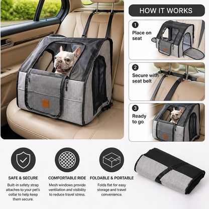 Safe Car Dog Seat – Foldable Carrier Bag with Mesh Windows and Safety Belt System