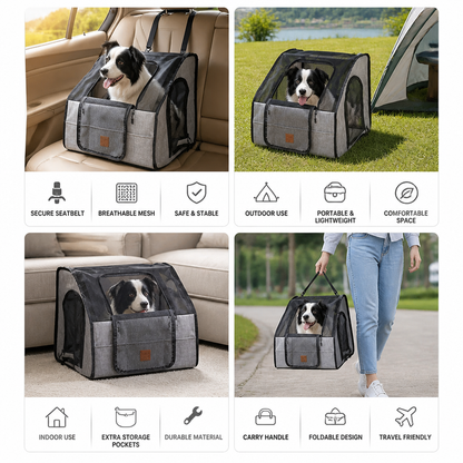 Safe Car Dog Seat – Foldable Carrier Bag with Mesh Windows and Safety Belt System