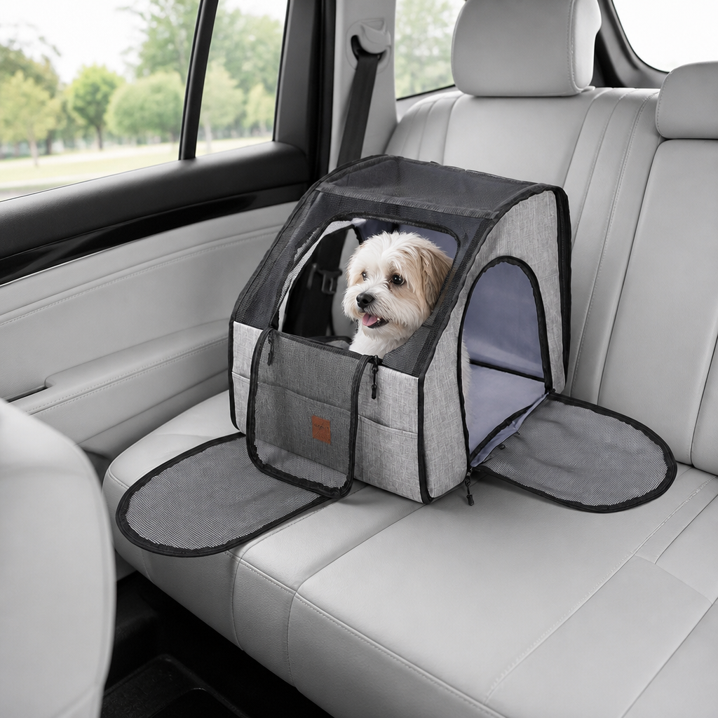 Safe Car Dog Seat – Foldable Carrier Bag with Mesh Windows and Safety Belt System