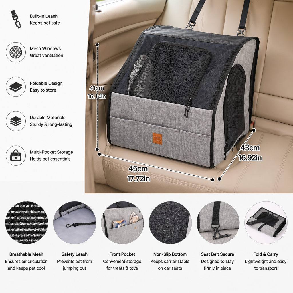 Safe Car Dog Seat – Foldable Carrier Bag with Mesh Windows and Safety Belt System