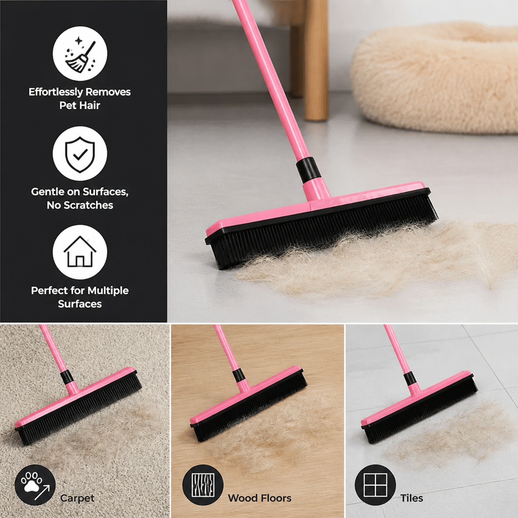 Telescopic Pet Hair Removal Broom – Multi-Surface Cleaner for Carpet, Sofa & Dog Bed