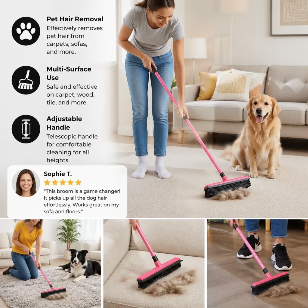 Telescopic Pet Hair Removal Broom – Multi-Surface Cleaner for Carpet, Sofa & Dog Bed