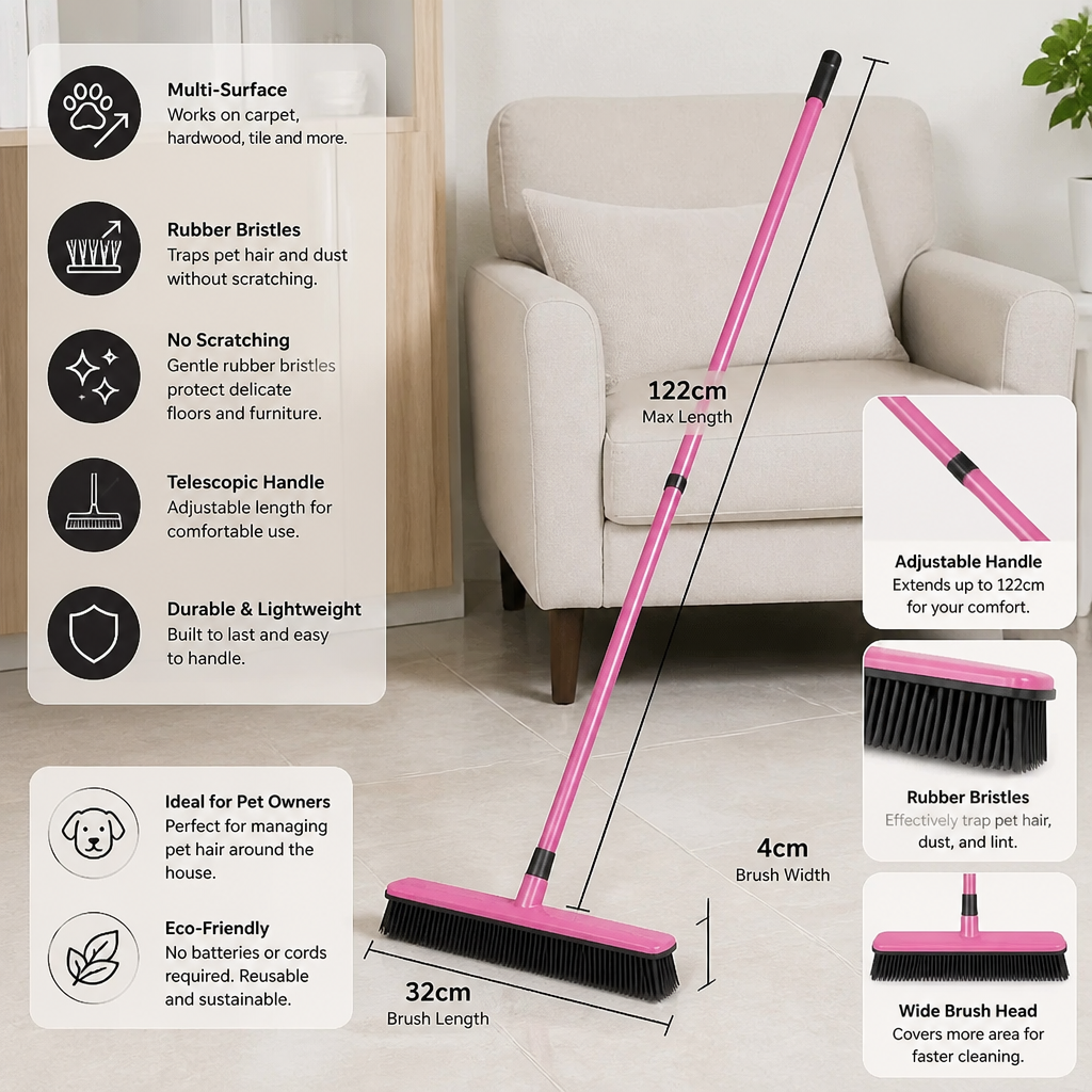 Telescopic Pet Hair Removal Broom – Multi-Surface Cleaner for Carpet, Sofa & Dog Bed