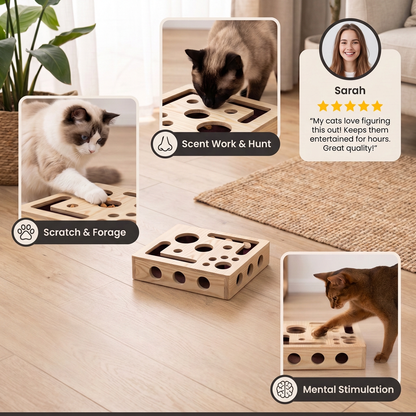 Interactive Wooden Cat Puzzle Box – Scratch, Hide & Treat Enrichment Toy