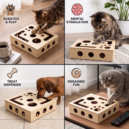Interactive Wooden Cat Puzzle Box – Scratch, Hide & Treat Enrichment Toy