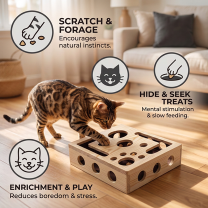 Interactive Wooden Cat Puzzle Box – Scratch, Hide & Treat Enrichment Toy
