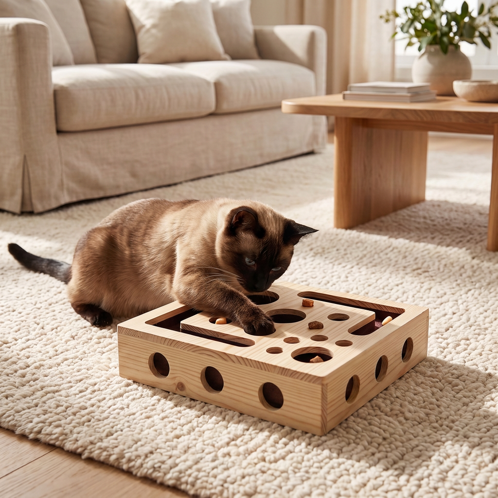 Interactive Wooden Cat Puzzle Box – Scratch, Hide & Treat Enrichment Toy