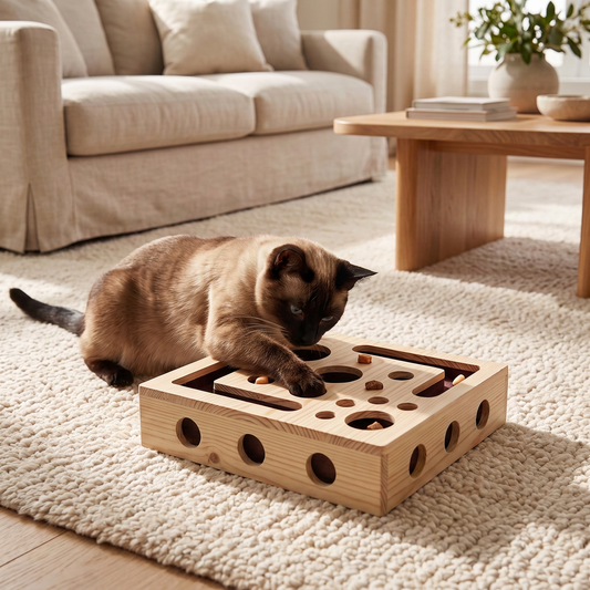 Interactive Wooden Cat Puzzle Box – Scratch, Hide & Treat Enrichment Toy