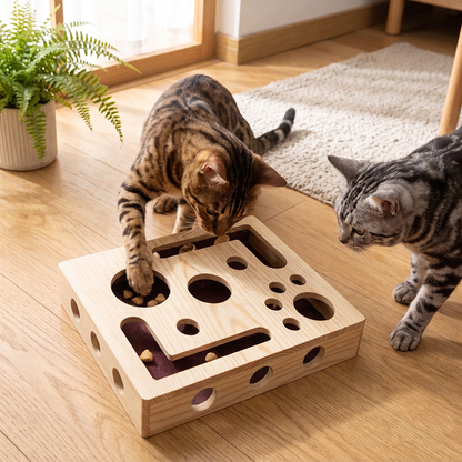 Interactive Wooden Cat Puzzle Box – Scratch, Hide & Treat Enrichment Toy