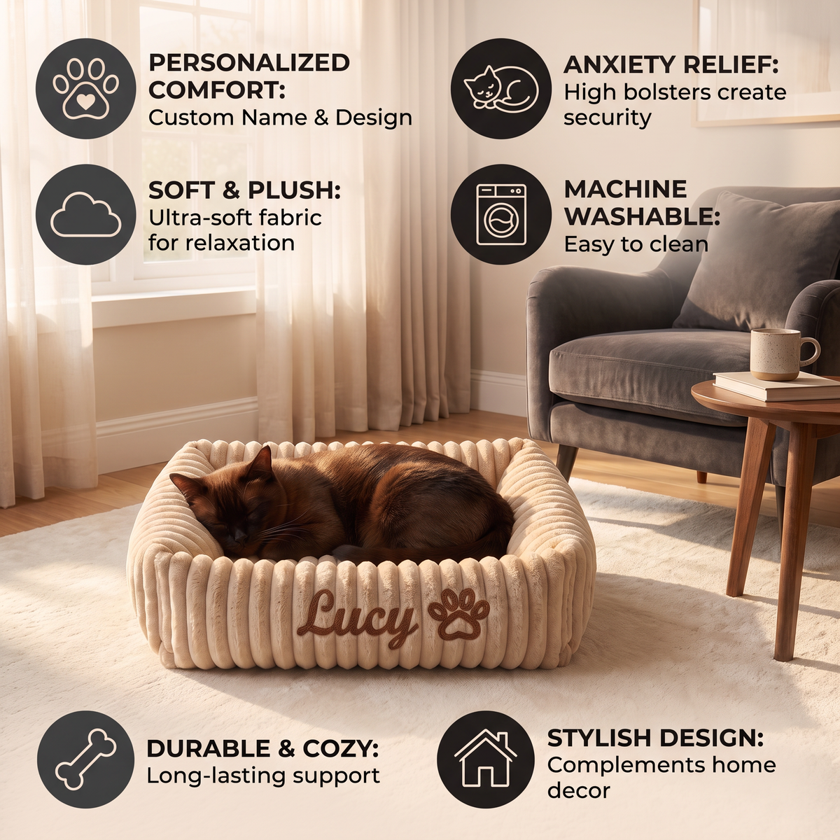 Personalized Fluffy Cloud Cat Bed with Soft Bolsters