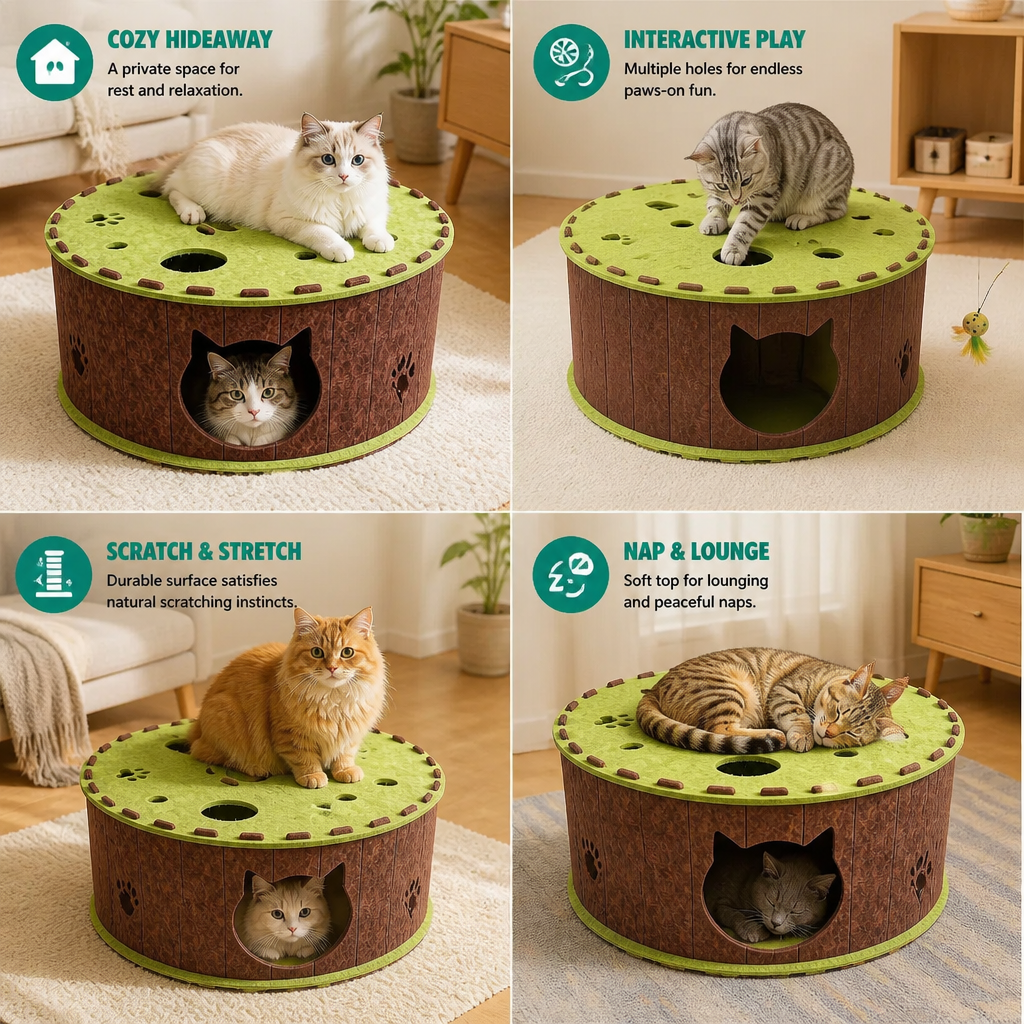 4-in-1 Foldable Cat Tunnel House – Interactive Hideaway, Scratcher & Play Bed