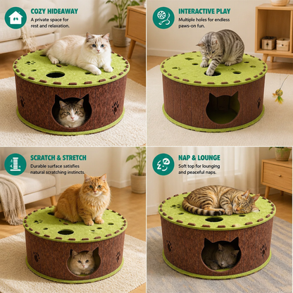 4-in-1 Foldable Cat Tunnel House – Interactive Hideaway, Scratcher & Play Bed