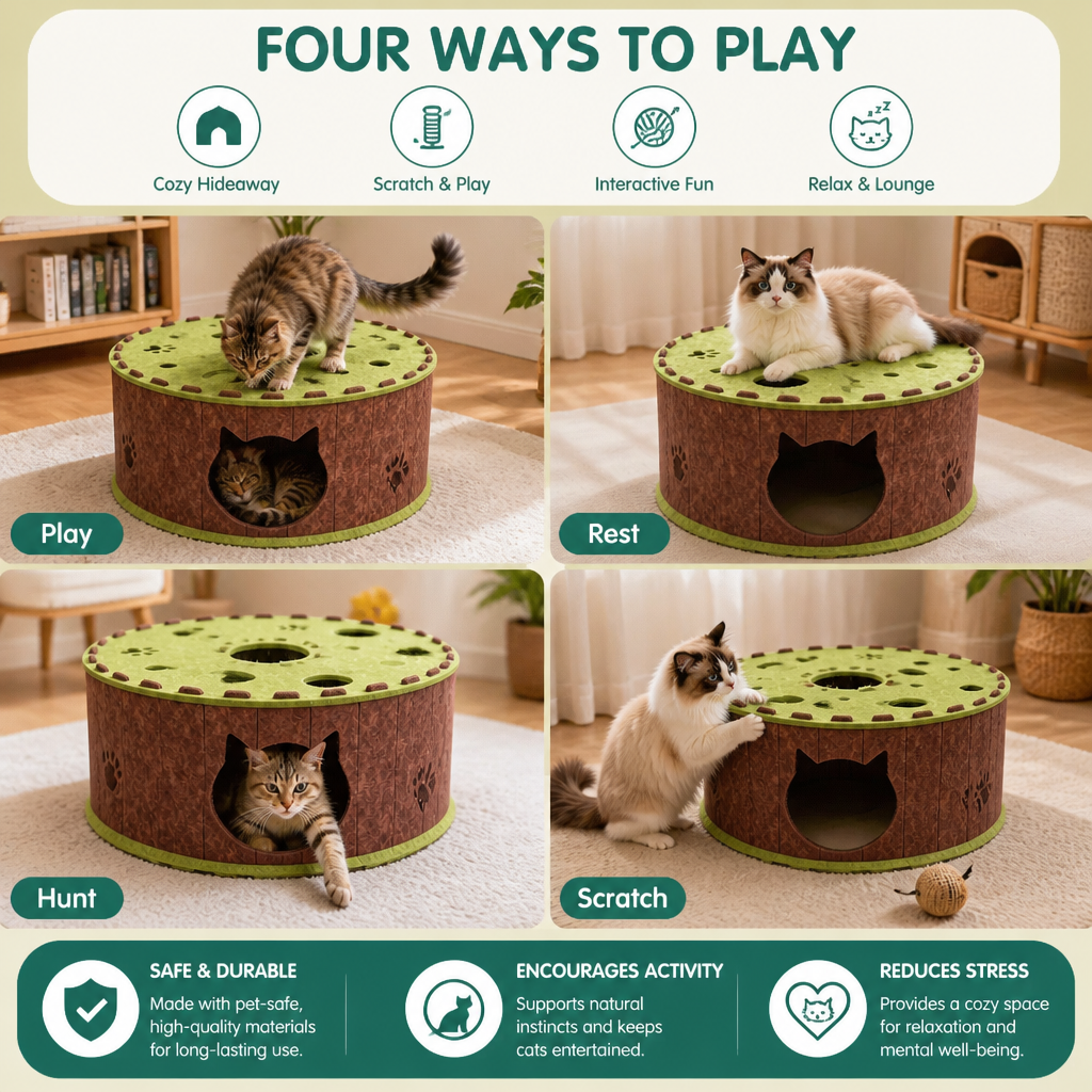 4-in-1 Foldable Cat Tunnel House – Interactive Hideaway, Scratcher & Play Bed