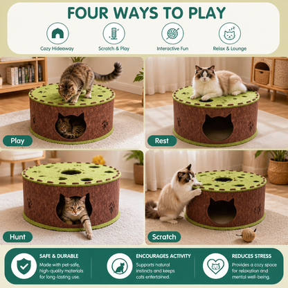 4-in-1 Foldable Cat Tunnel House – Interactive Hideaway, Scratcher & Play Bed