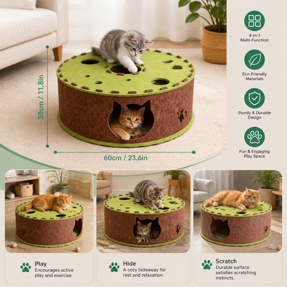 4-in-1 Foldable Cat Tunnel House – Interactive Hideaway, Scratcher & Play Bed