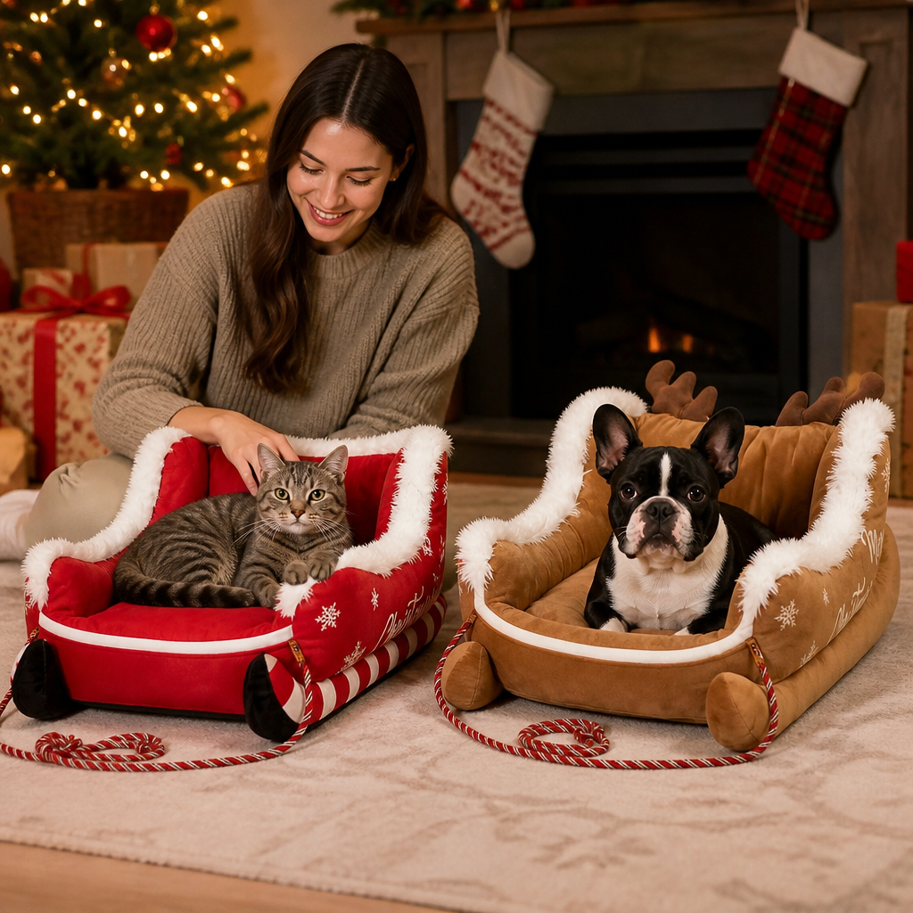 Christmas Sleigh-Shaped Plush Pet Bed with Washable Waterproof Cover