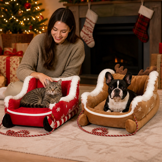 Christmas Sleigh-Shaped Plush Pet Bed with Washable Waterproof Cover