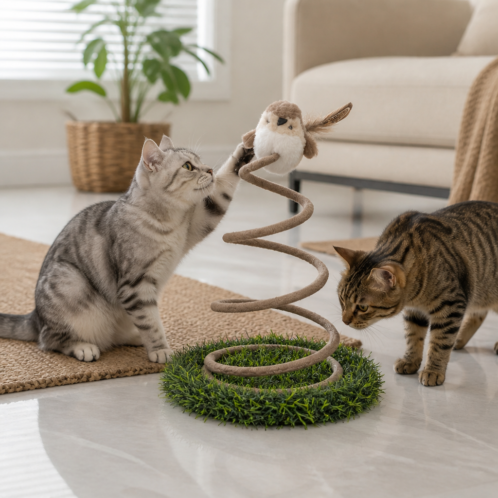 Interactive Spring Bird Cat Toy with Grass Base