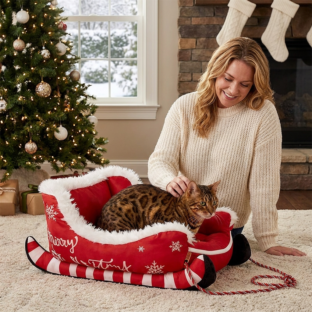 Christmas Sleigh-Shaped Plush Pet Bed with Washable Waterproof Cover
