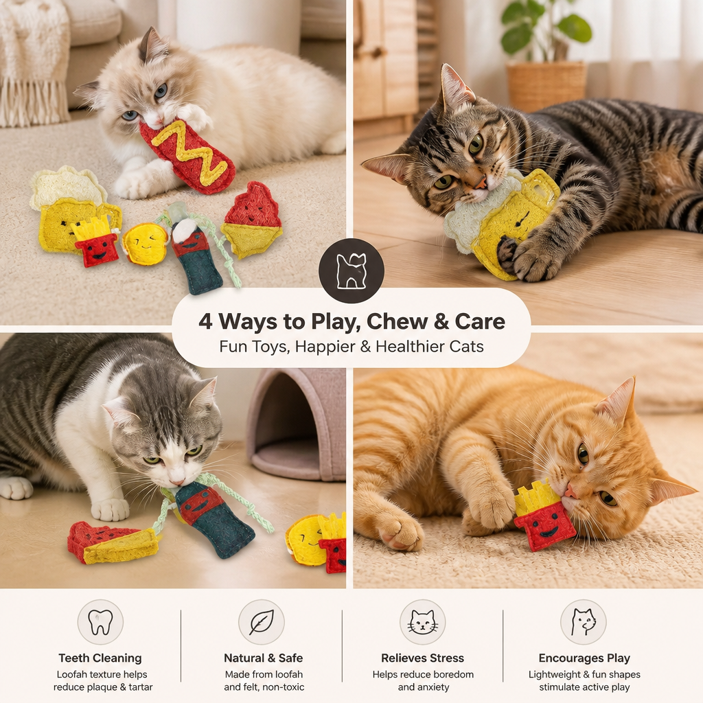 Teeth-Cleaning Catnip Chew Toys – Natural Loofah Dental Care & Play Set