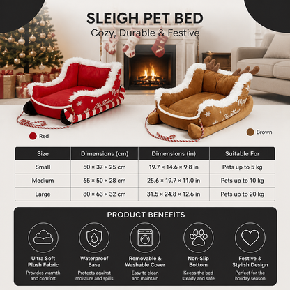 Christmas Sleigh-Shaped Plush Pet Bed with Washable Waterproof Cover
