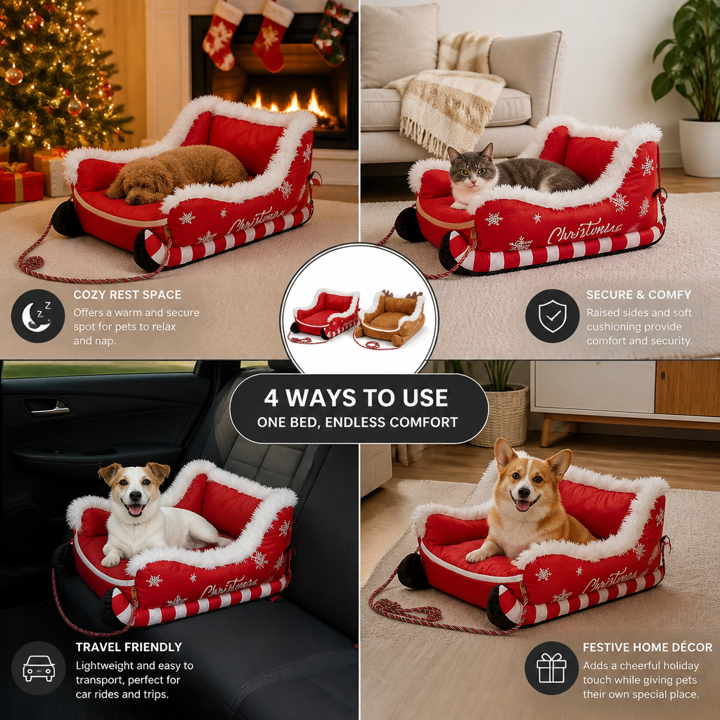 Christmas Sleigh-Shaped Plush Pet Bed with Washable Waterproof Cover