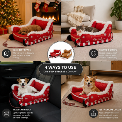 Christmas Sleigh-Shaped Plush Pet Bed with Washable Waterproof Cover