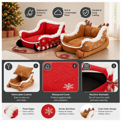 Christmas Sleigh-Shaped Plush Pet Bed with Washable Waterproof Cover
