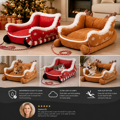Christmas Sleigh-Shaped Plush Pet Bed with Washable Waterproof Cover