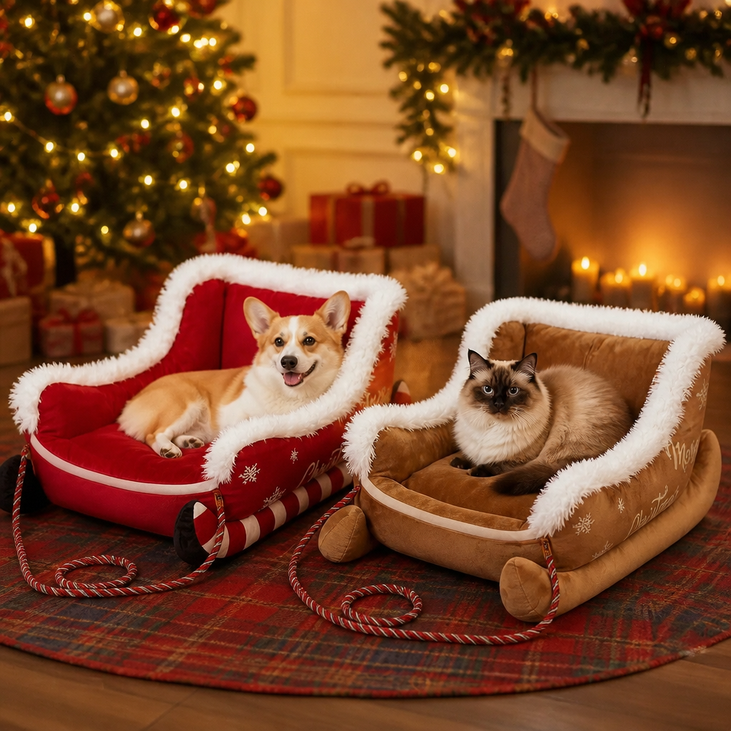 Christmas Sleigh-Shaped Plush Pet Bed with Washable Waterproof Cover