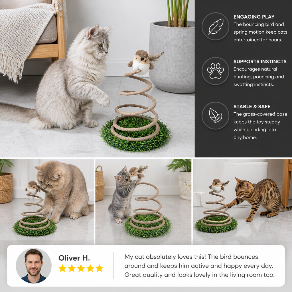 Interactive Spring Bird Cat Toy with Grass Base