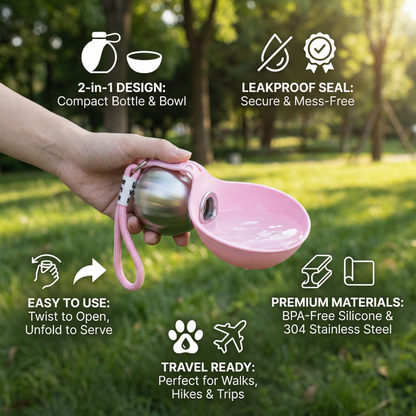 2-in-1 Dog Travel Water Bottle – Leakproof Stainless Steel Bottle with Silicone Bowl