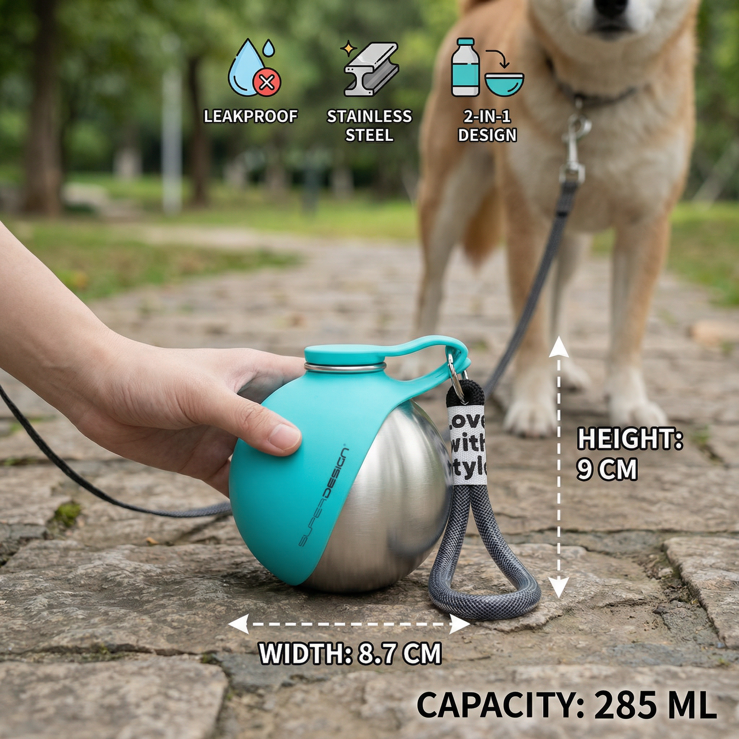 2-in-1 Dog Travel Water Bottle – Leakproof Stainless Steel Bottle with Silicone Bowl