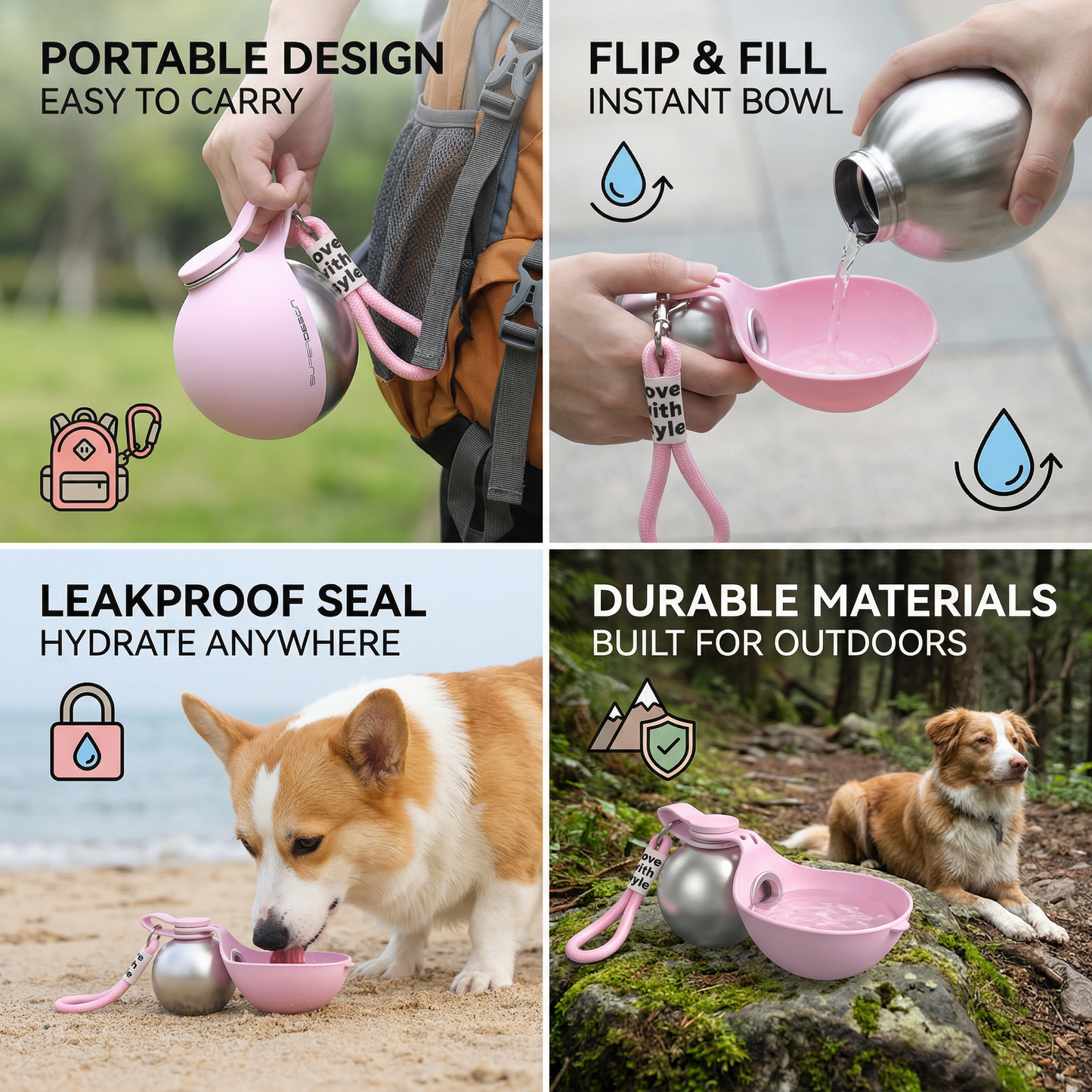 2-in-1 Dog Travel Water Bottle – Leakproof Stainless Steel Bottle with Silicone Bowl