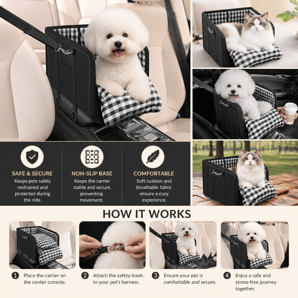 Safe Small Dog & Cat Car Travel Carrier with Safety Leash & Non-Slip Base
