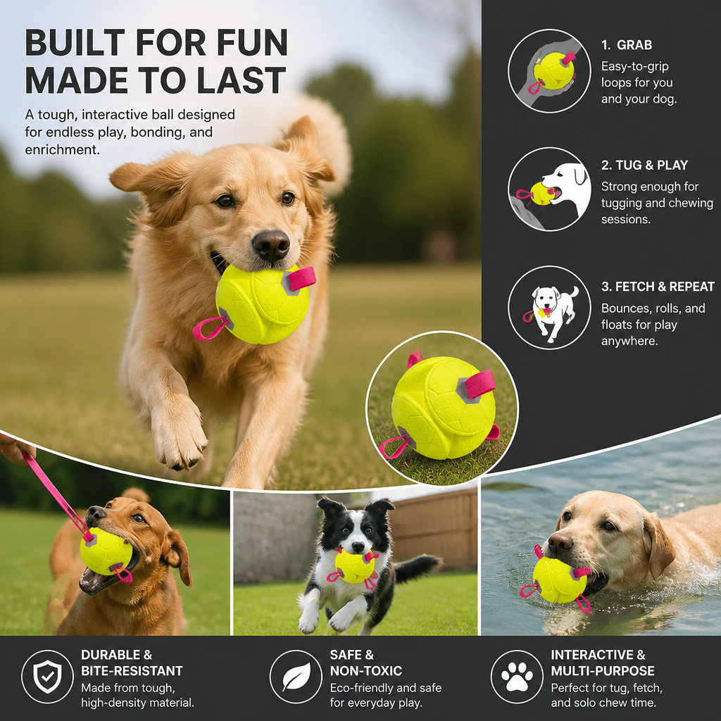 Eco-Friendly Indestructible Dog Ball – Bite Resistant Interactive Tug & Fetch Toy