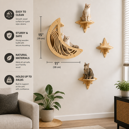 Modern Wooden Moon & Star Wall-Mounted Cat Climbing Shelves & Bed Set
