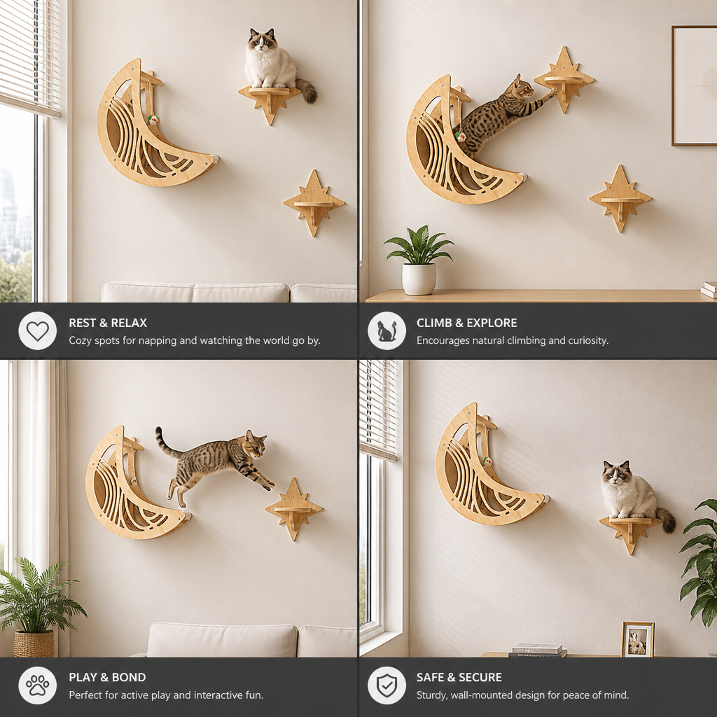 Modern Wooden Moon & Star Wall-Mounted Cat Climbing Shelves & Bed Set