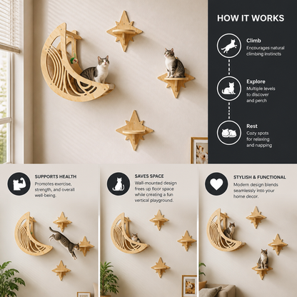 Modern Wooden Moon & Star Wall-Mounted Cat Climbing Shelves & Bed Set