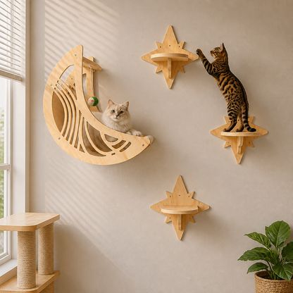 Modern Wooden Moon & Star Wall-Mounted Cat Climbing Shelves & Bed Set