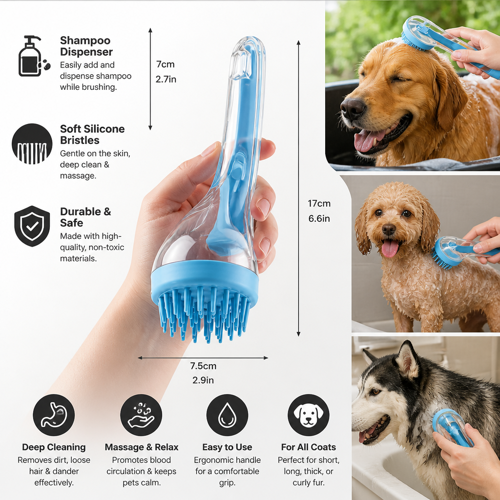 2-in-1 Silicone Pet Bath & Massage Brush with Shampoo Dispenser