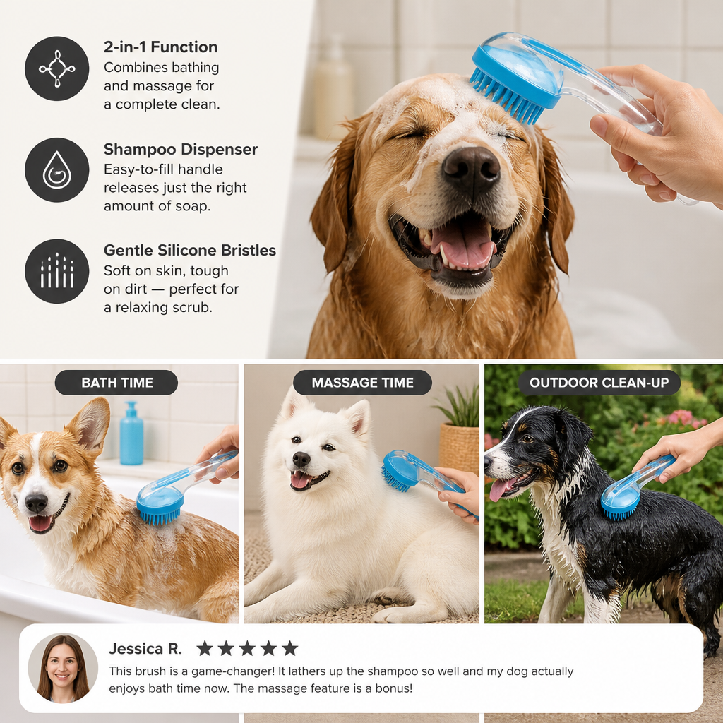 2-in-1 Silicone Pet Bath & Massage Brush with Shampoo Dispenser