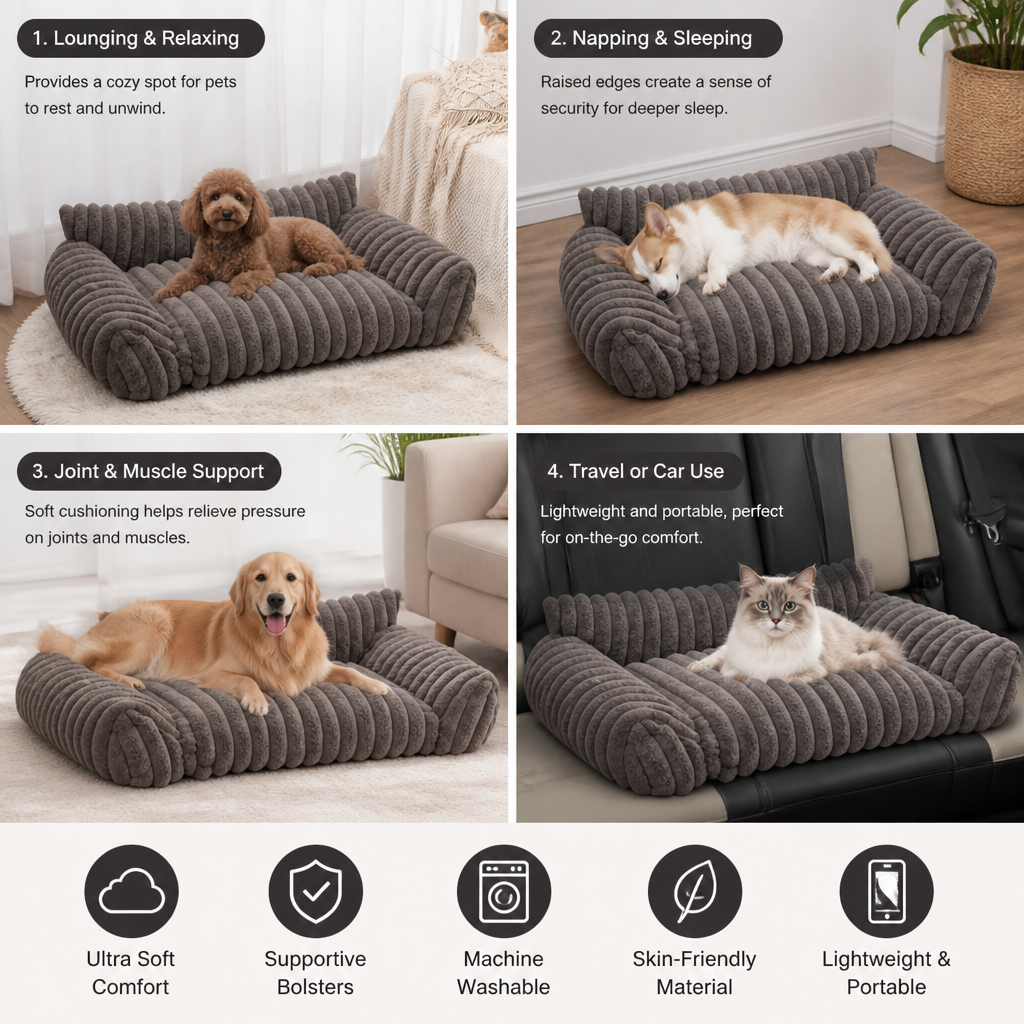 Fluffy Cloud Pet Sofa Bed with Soft Bolsters & Washable Cover