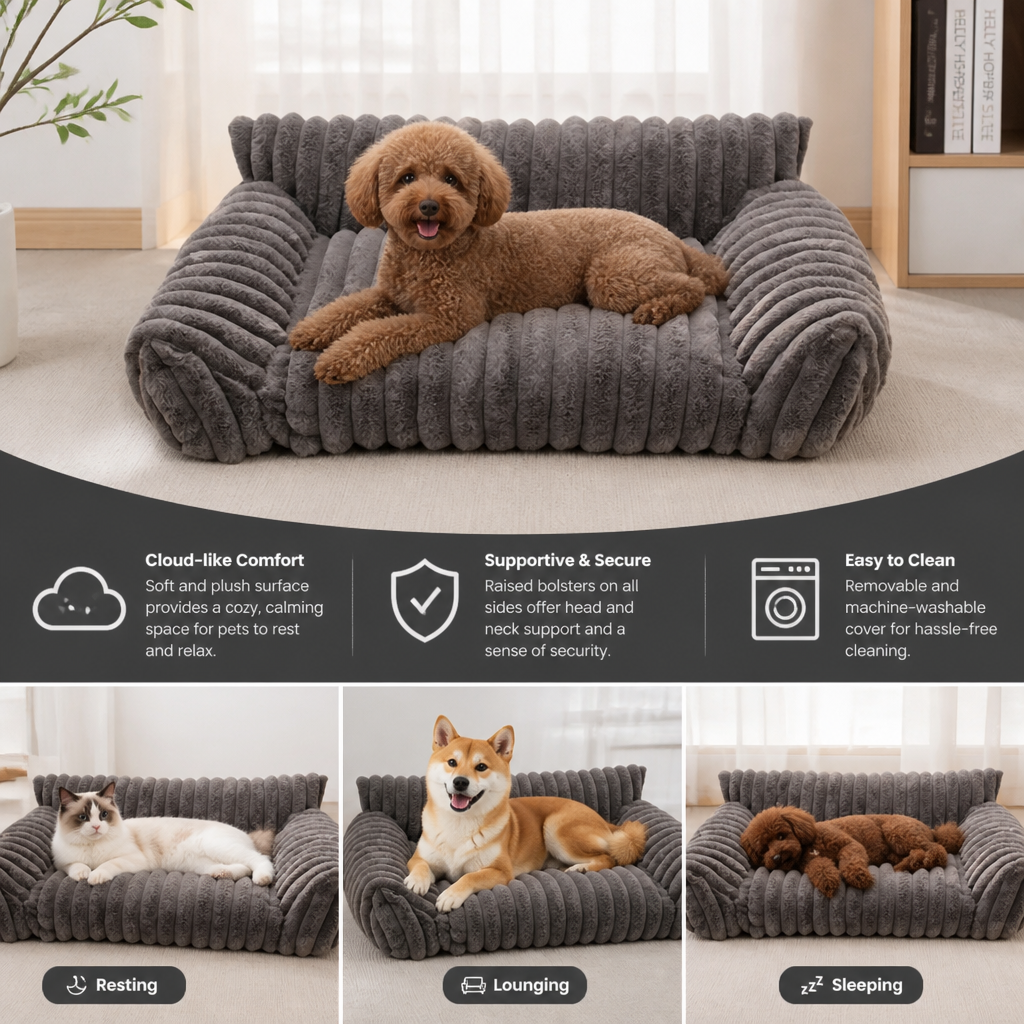 Fluffy Cloud Pet Sofa Bed with Soft Bolsters & Washable Cover