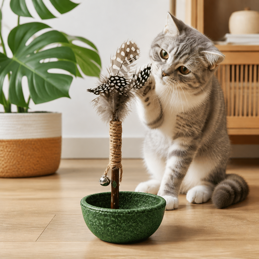 Teeth Cleaning Catnip Tumbler Cat Toy – Interactive Feather Teaser with Bell