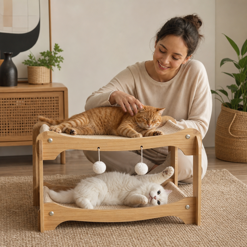 Wooden Double-Decker Cat Play & Lounge Bed with Sisal Scratching Ramp and Hanging Toys